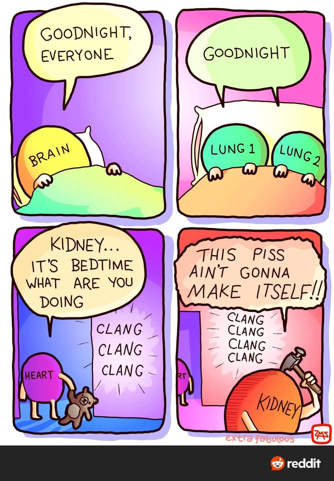 A classic meme comic showing a brain, lungs, heart, and kidney talking before bed.