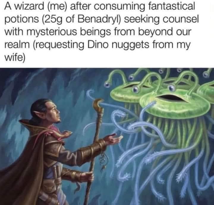 A classic meme using fantasy art of a wizard to describe asking a wife for dino nuggets.