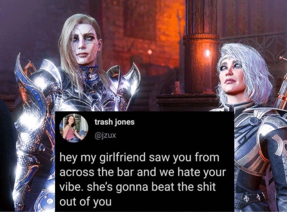 A classic meme showing two fantasy characters looking menacingly at someone across a bar.