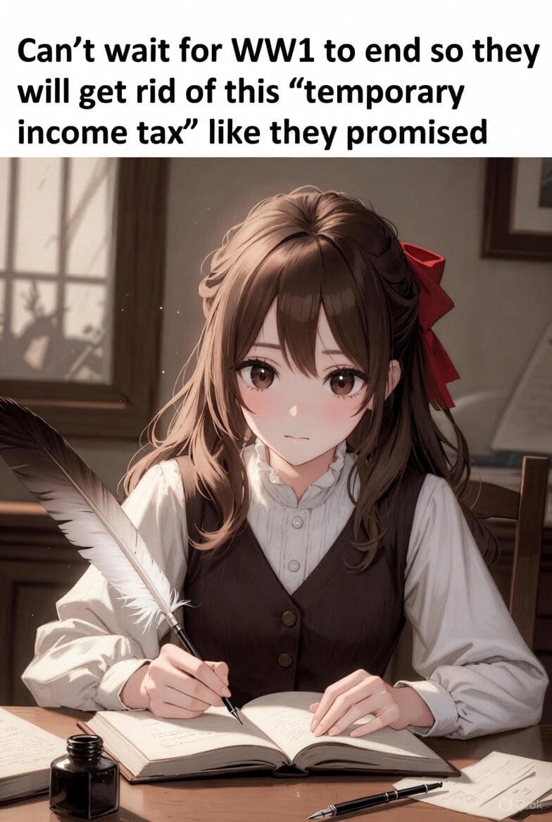 A classic meme anime girl writing a letter about temporary income tax ending after WW1.