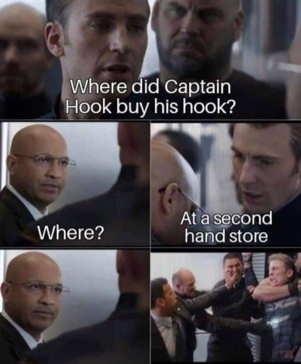 A classic meme using Captain America scenes to tell a dad joke about Captain Hook's second hand store.