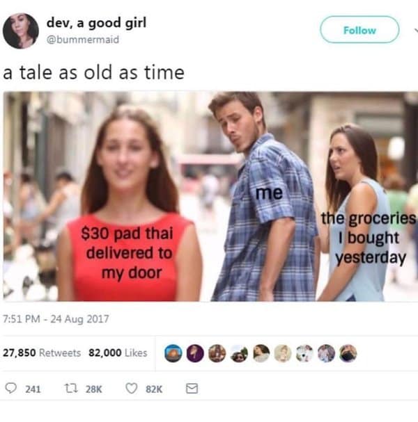 A classic meme distracted boyfriend looking at delivery food while ignoring groceries.