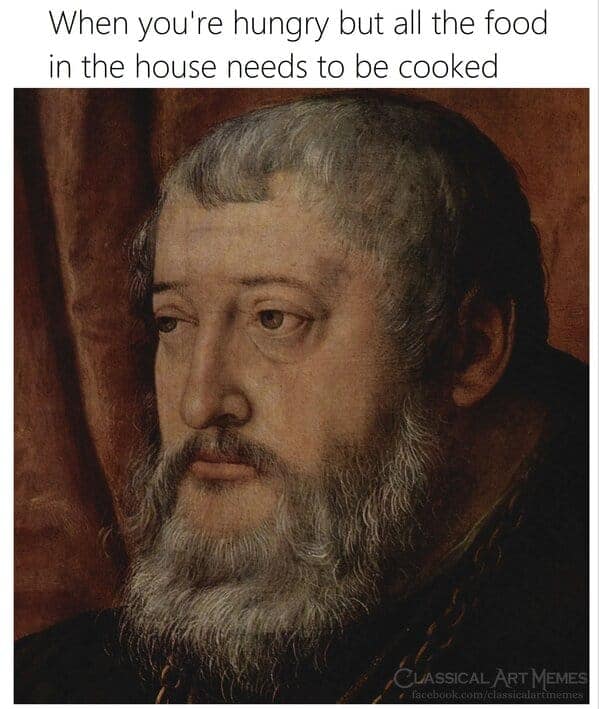 Painting of a bearded man looking disappointed, captioned as a classical art meme about cooking.