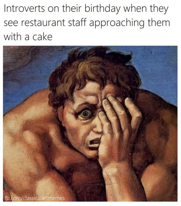 Painting of a man covering his face in embarrassment during a birthday song in a classical art meme.