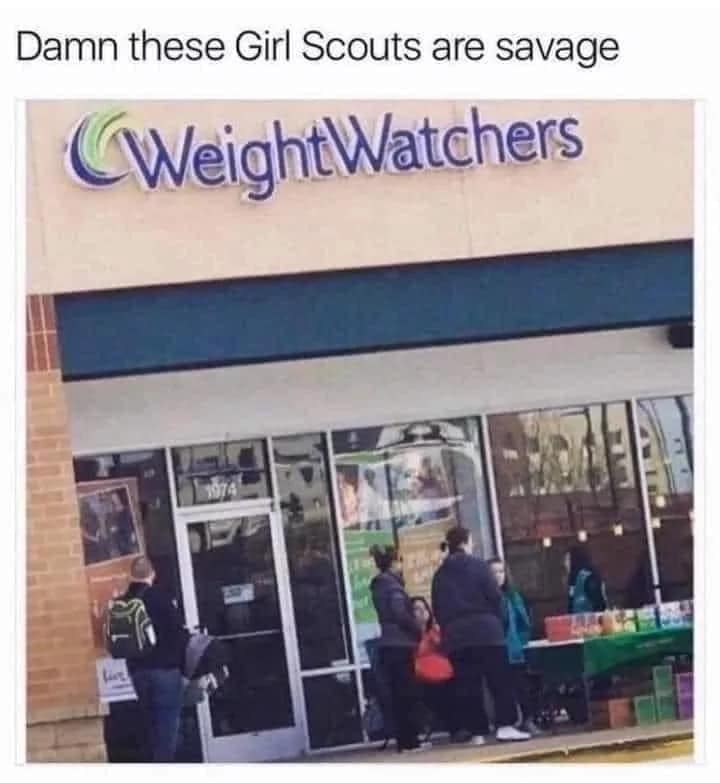 Girl Scouts selling cookies outside Weight Watchers in a savage cookie meme
