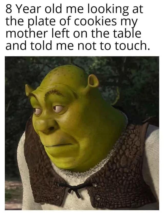 Shrek looking suspicious at a plate of forbidden snacks in a cookie meme