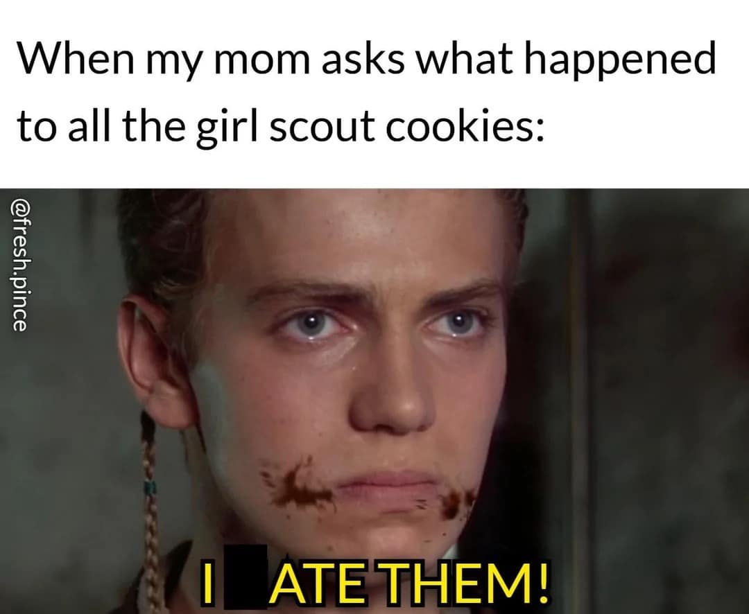 Anakin Skywalker admitting he ate all the girl scout snacks in a cookie meme
