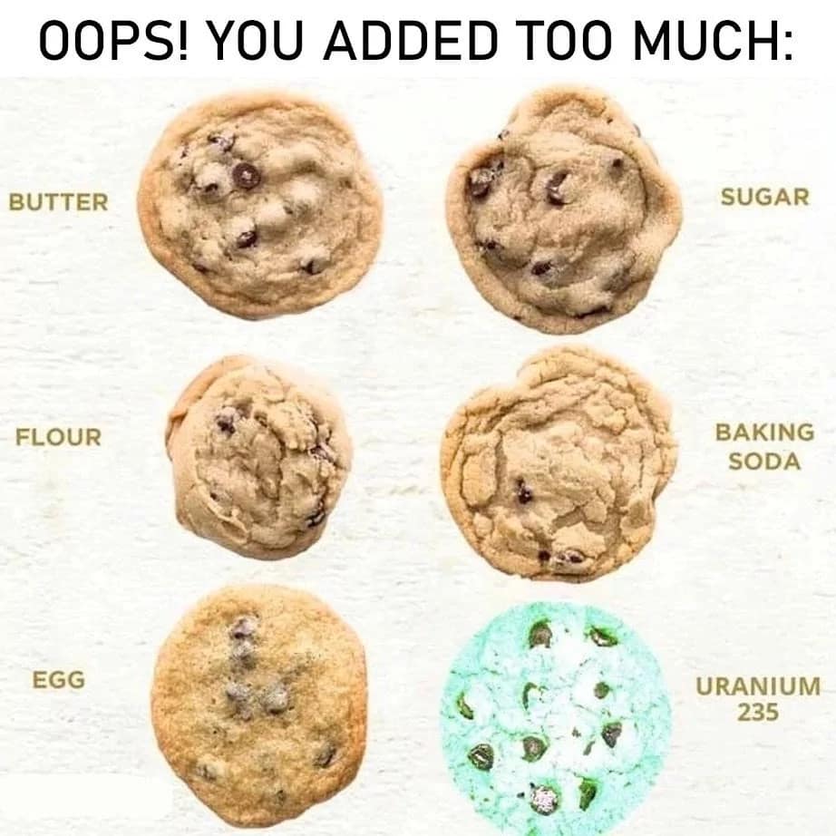 Baking guide showing uranium as an ingredient in a radioactive cookie meme
