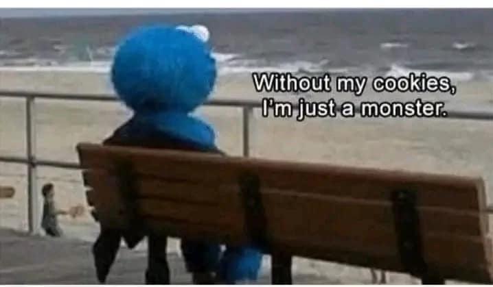 Cookie Monster sitting sadly by the ocean in a deep cookie meme