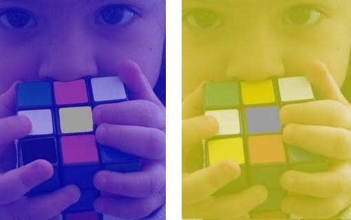 Rubik's cube under colored filters demonstrating color constancy gray tile cool optical illusions.