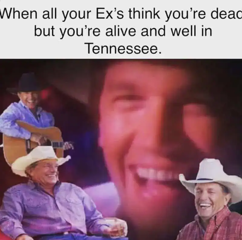A country music meme referencing the song All My Ex's Live in Texas with George Strait smiling.