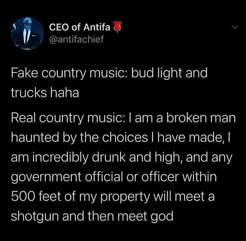 A country music meme tweet defining the difference between pop country and real outlaw country music.