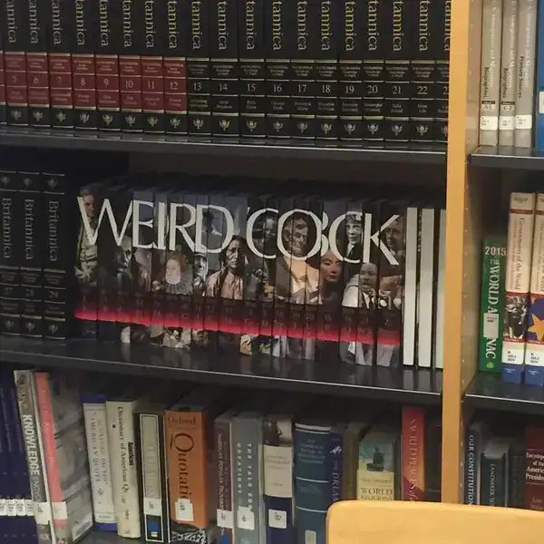 This creative vandalism display shows library books arranged to spell "Weird C*ck".
