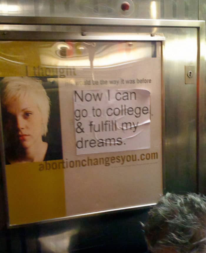 In this creative vandalism example, a sticker on a poster promotes college and fulfilling dreams