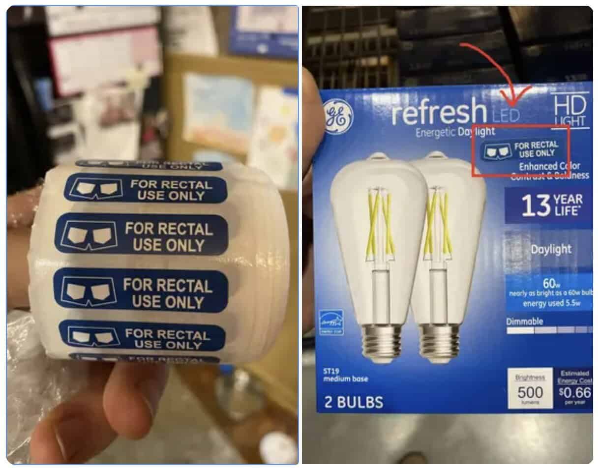 A creative vandalism prank showing "For Rectal Use Only" stickers on LED light bulbs.