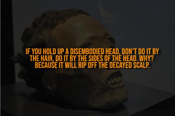 A creepy fact meme warning about holding a disembodied head by the hair.