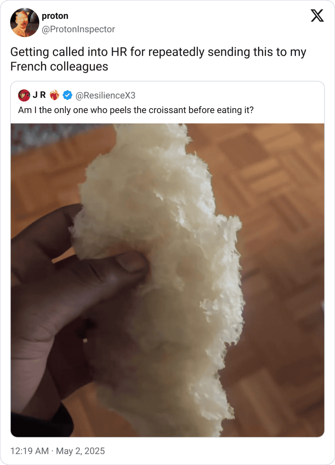 A croissant meme tweet about peeling the pastry before eating it.