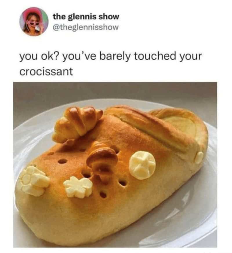A croissant meme showing a Croc shoe with pastry charms.