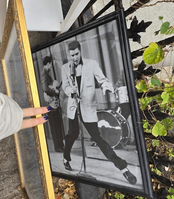 A funny curb find of a framed black and white Elvis Presley picture.