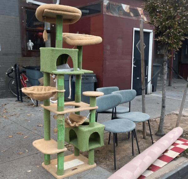A curb alert showing a massive green cat tree tower and blue chairs on the sidewalk.