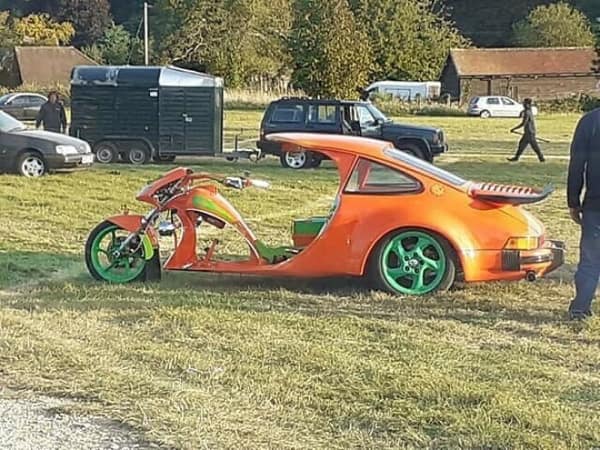 Orange Porsche cut in half to create a motorcycle used as a cursed image