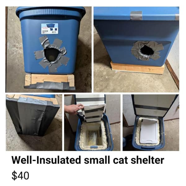 Homemade cat shelter made from a tote bin and duct tape used as a cursed image
