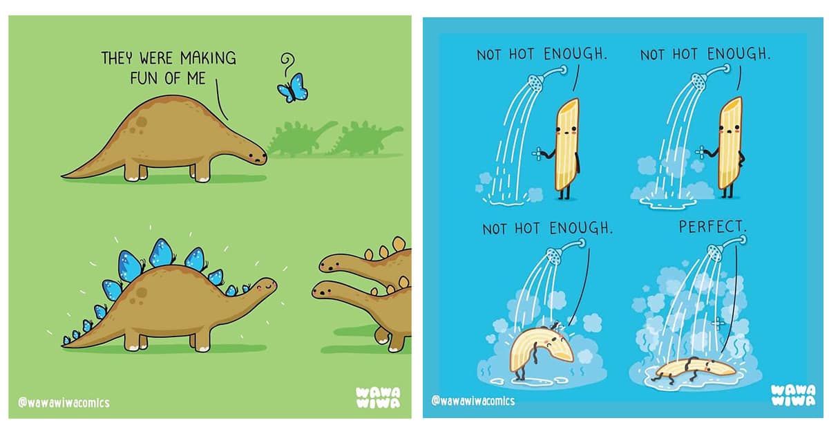 Collection of cute comic images and Wawawiwa comic compilations including dogs with cones and pasta taking showers
