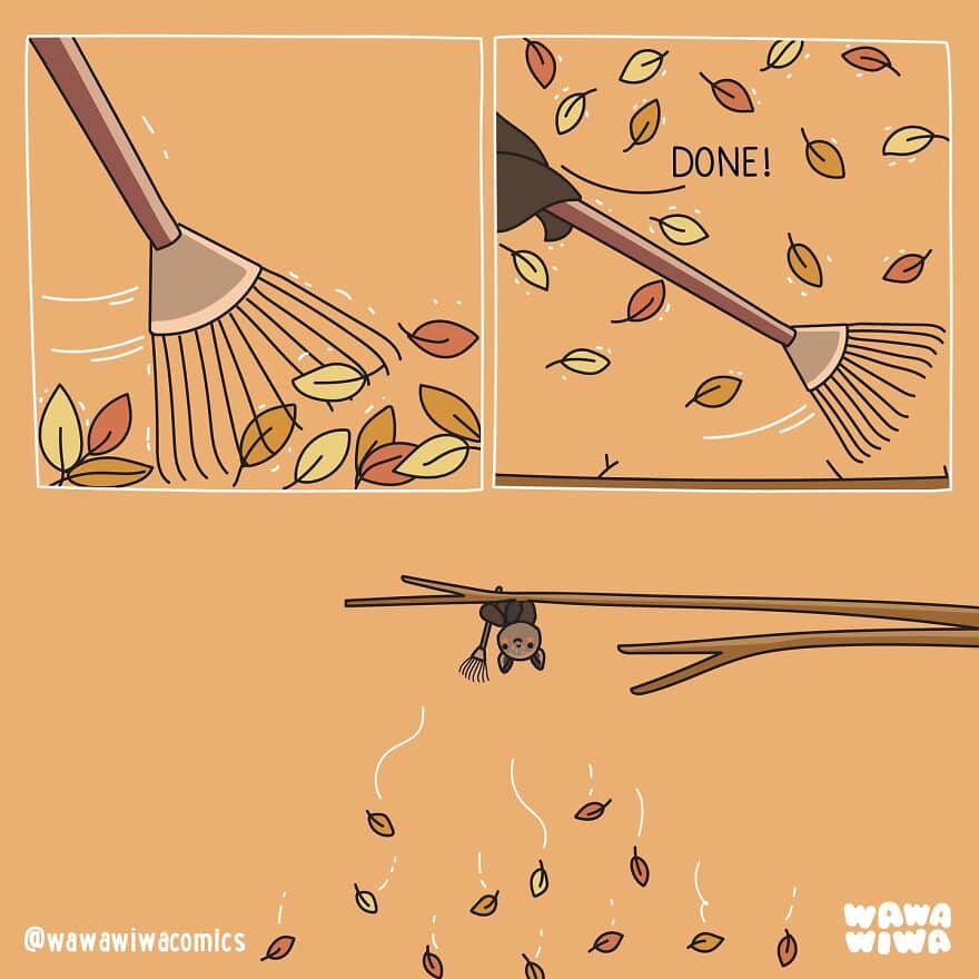 A cute comic showing a bat hanging upside down using a tiny rake to gather falling leaves.