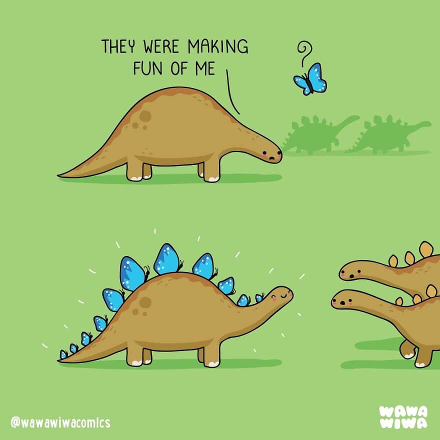 A Wawawiwa comic of a dinosaur with butterflies landing on its back plates to impress other dinosaurs.