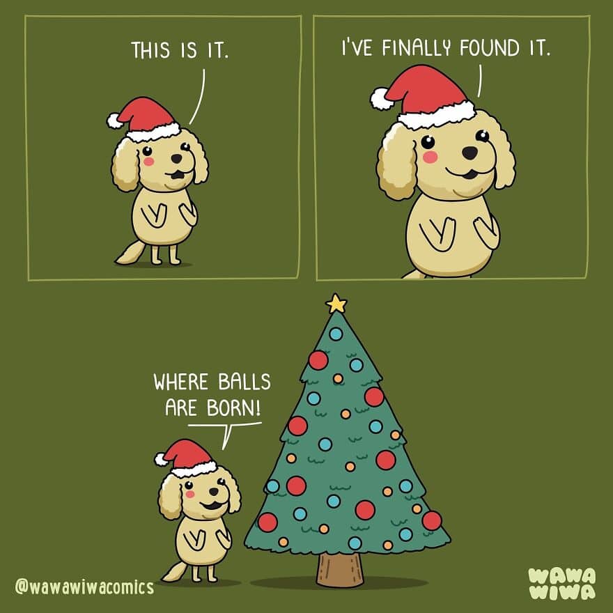 A funny comic of a neutered dog discovering a Christmas tree full of ornaments.