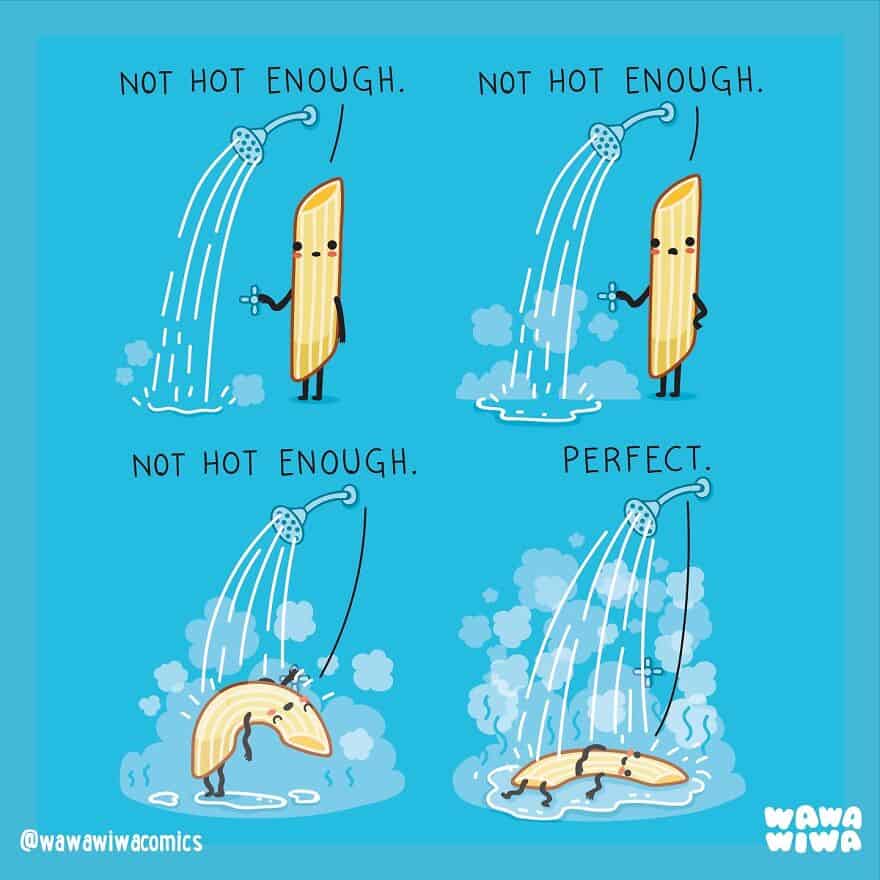 A cute comic of a penne pasta taking a hot shower until it cooks and goes soft.