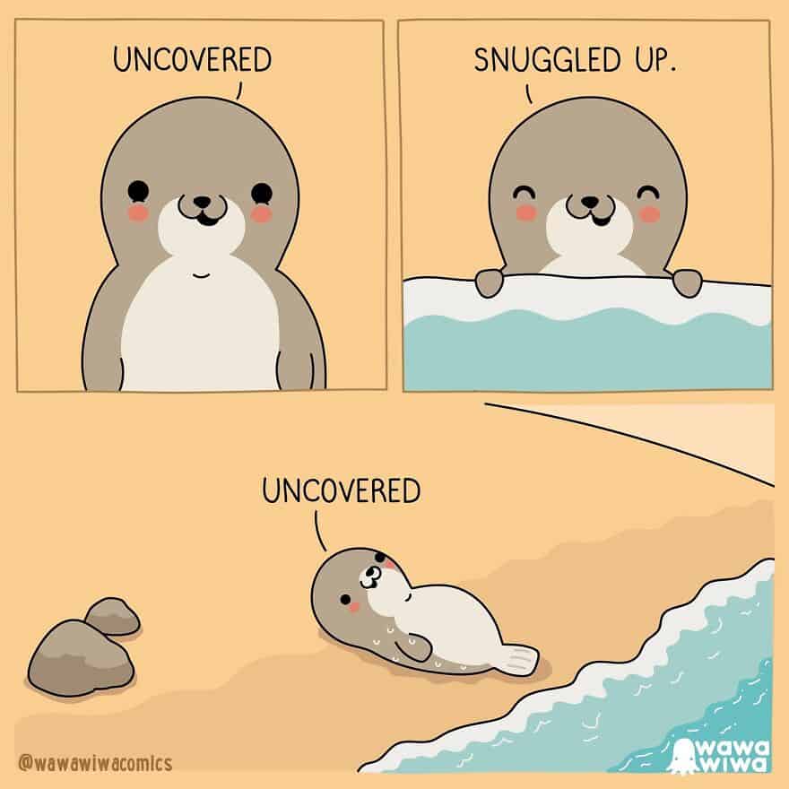 A cute comic of a seal pulling the ocean tide over itself like a blanket.