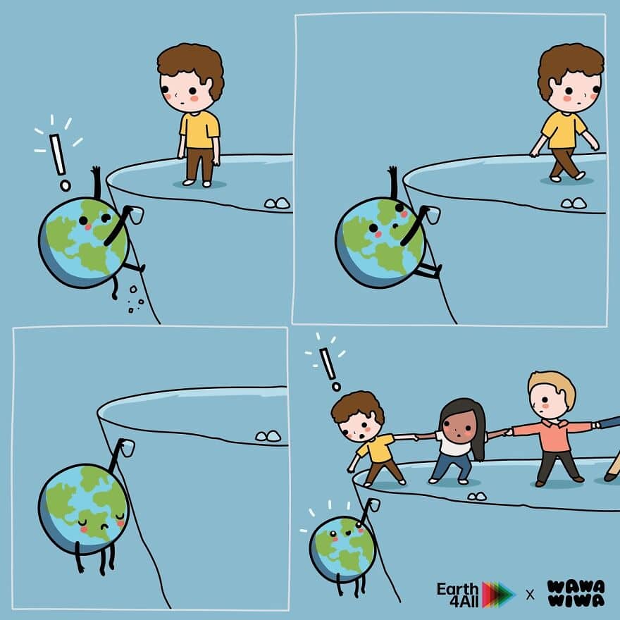 A wholesome comic showing children pulling the Earth up from a cliff edge.