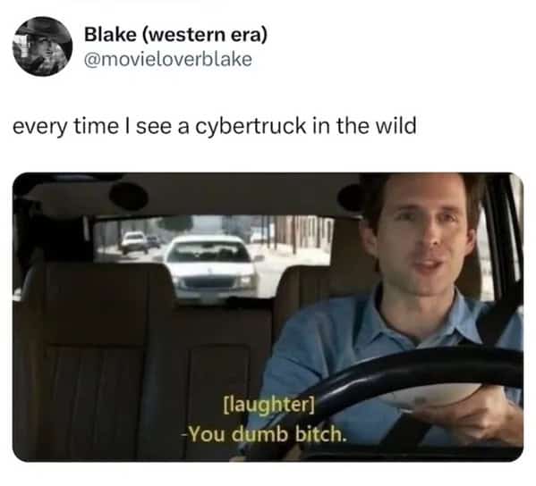 It's Always Sunny meme reaction laughing at a Cybertruck seen driving in public.