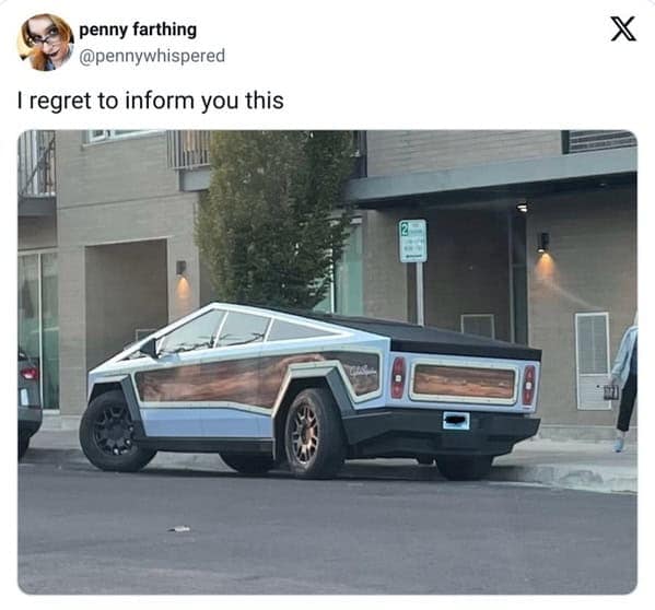 Tesla Cybertruck wrapped with vintage wood paneling design parked on city street.