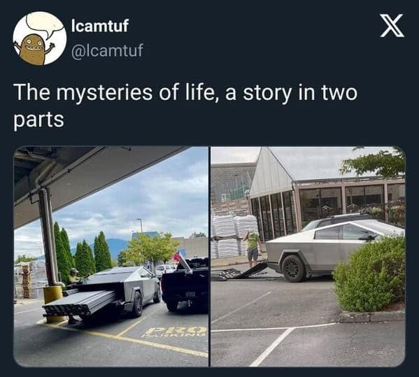 Two panel story showing a Cybertruck hauling lumber then immediately getting towed.