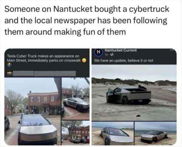 Nantucket newspaper headlines mocking a local Cybertruck stuck in sand and blocking crosswalks.