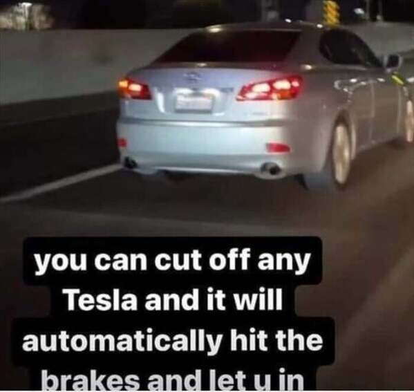 Silver sedan driving on highway with text about exploiting Tesla automatic braking safety features.