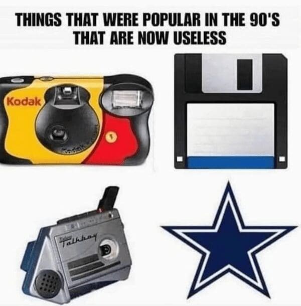 A dallas cowboys meme comparing the team logo to useless 90s technology like floppy disks.