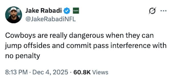 A dallas cowboys meme tweet joking about the team needing penalties to be dangerous.