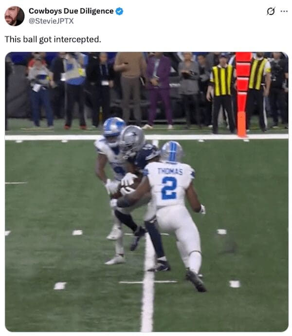 A dallas cowboys meme tweet showing a football catch that resulted in an interception.