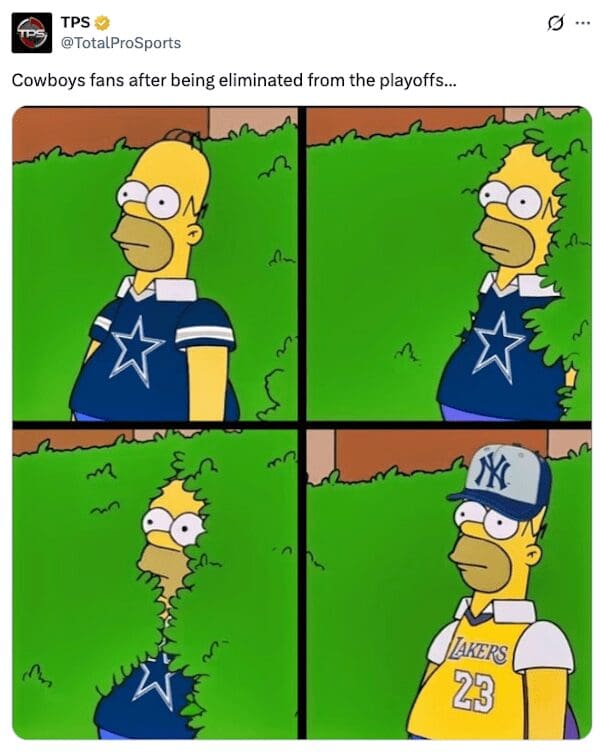 A dallas cowboys meme showing Homer Simpson switching from a Cowboys jersey to Lakers and Yankees gear.