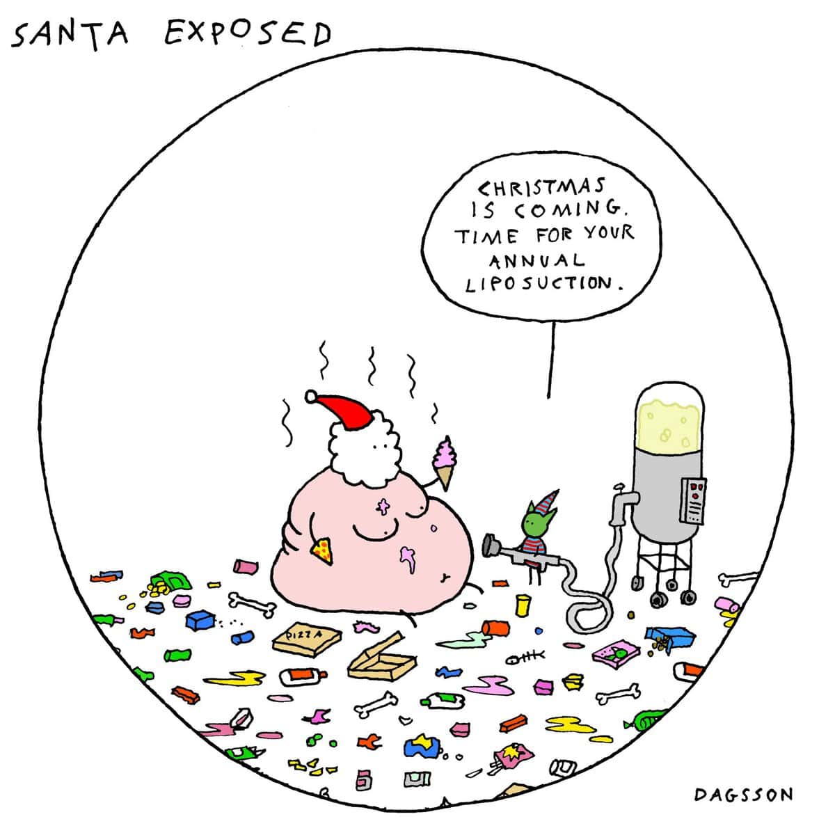 A dark humor christmas comic of Santa getting liposuction.