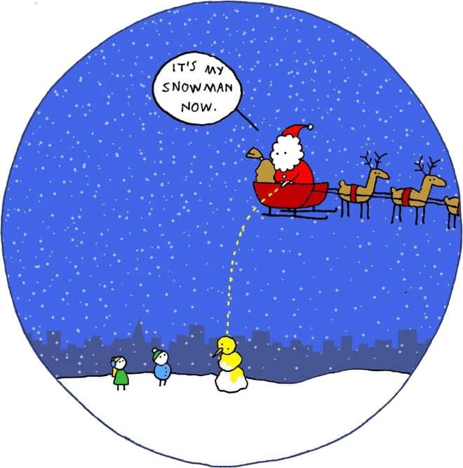 A dark humor christmas comic of Santa peeing on a snowman.
