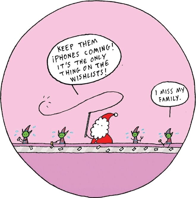 A dark humor christmas comic of Santa whipping elves making iPhones.