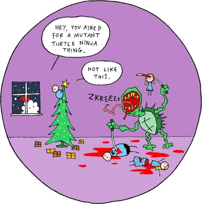 A dark humor christmas comic of a violent mutant turtle ninja.