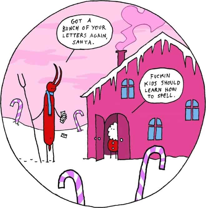 A dark humor christmas comic of Satan visiting Santa due to typos.