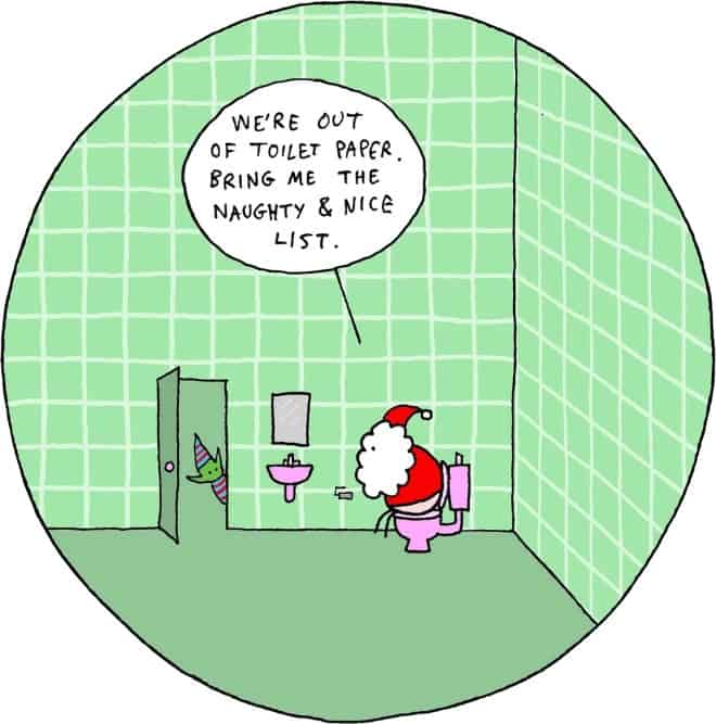 A dark humor christmas comic of Santa using the list as toilet paper.