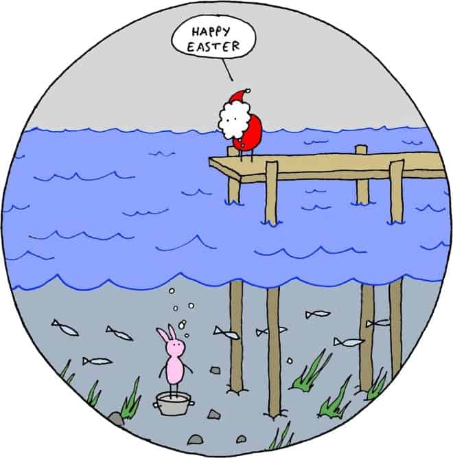A dark humor christmas comic of Santa drowning the Easter Bunny.