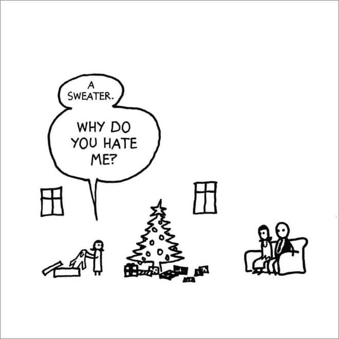 A dark humor christmas comic of someone hating a gift sweater.